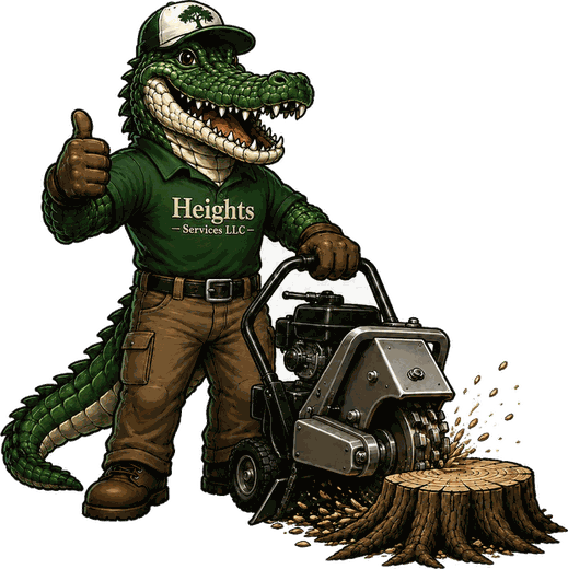 Heights Services LLC mascot operating a stump grinder