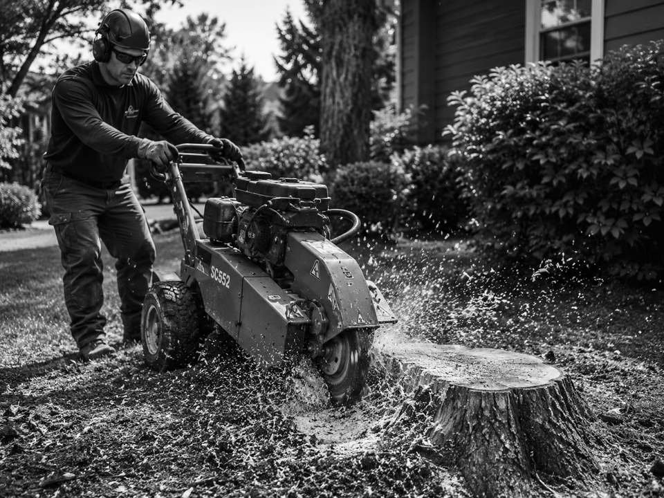 Heights Services technician grinding a tree stump